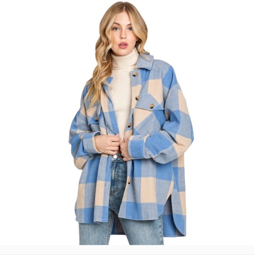 Women's blue oversized flannel shacket